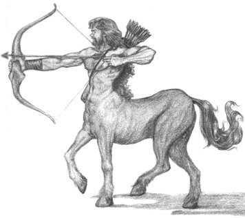 Centauro Apontando Flecha Desenho de um centauro, metade homem, metade cavalo, apontando a flecha com o seu arco - Símbolo do signo de Sagitário