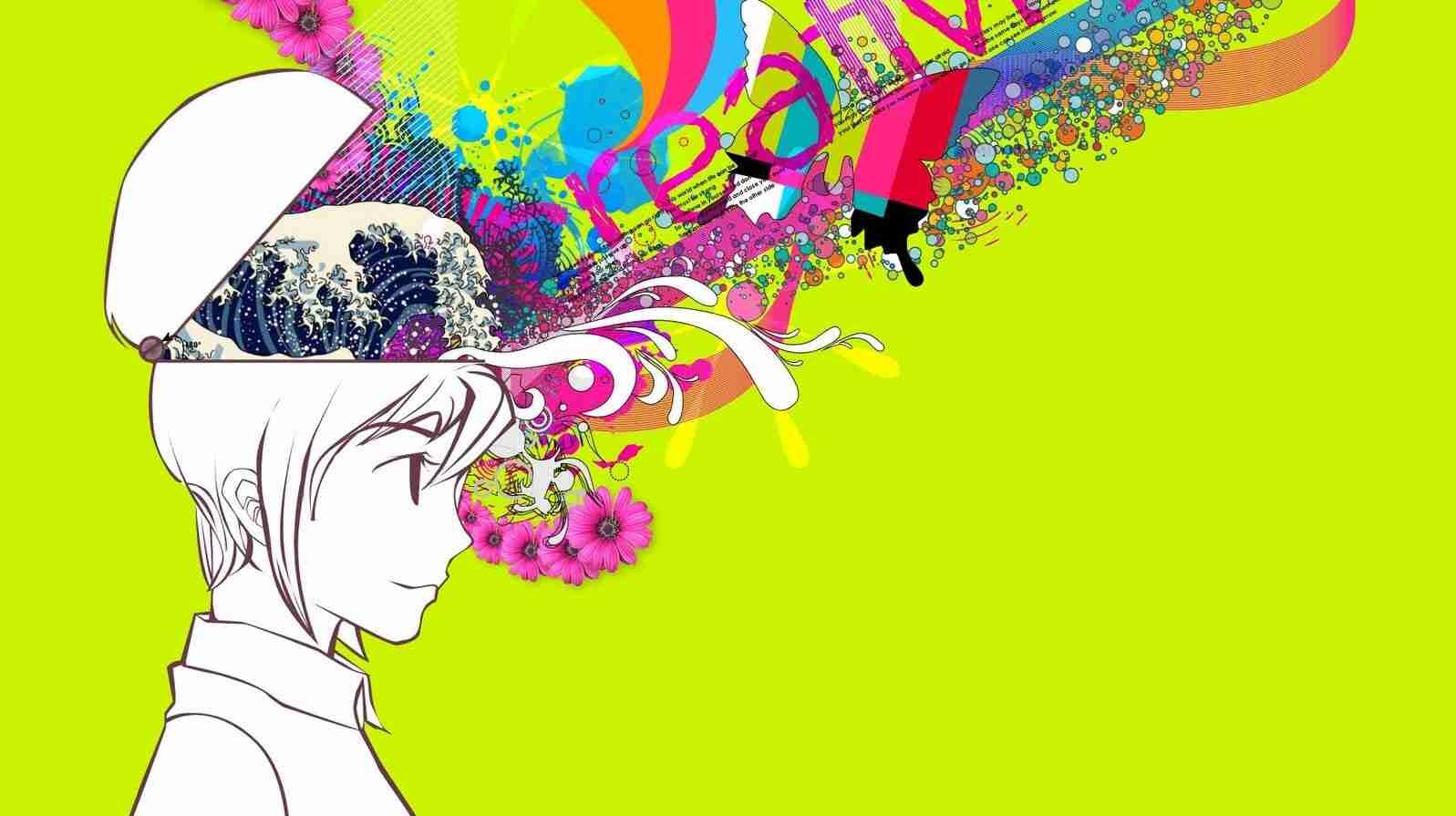 Criatividade Colorida da Mente Mulher com a cabeça aberta saindo criatividade super colorida